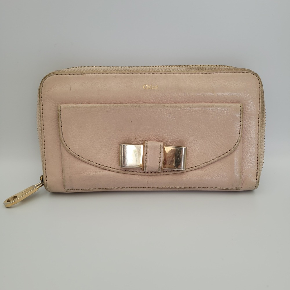 Chloe Lily Zip Around Wallet Pink Leather Gold Bow 03-10-51-5955 Long Wallet
